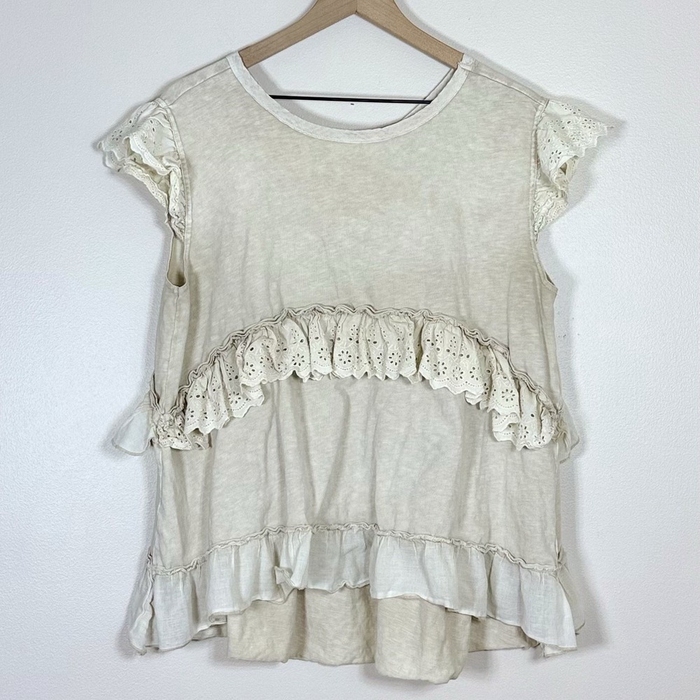 Three Birds Nest Womens Simple Sweet Ruffle Tunic Top L Oatmeal Tan Boho Eyelet